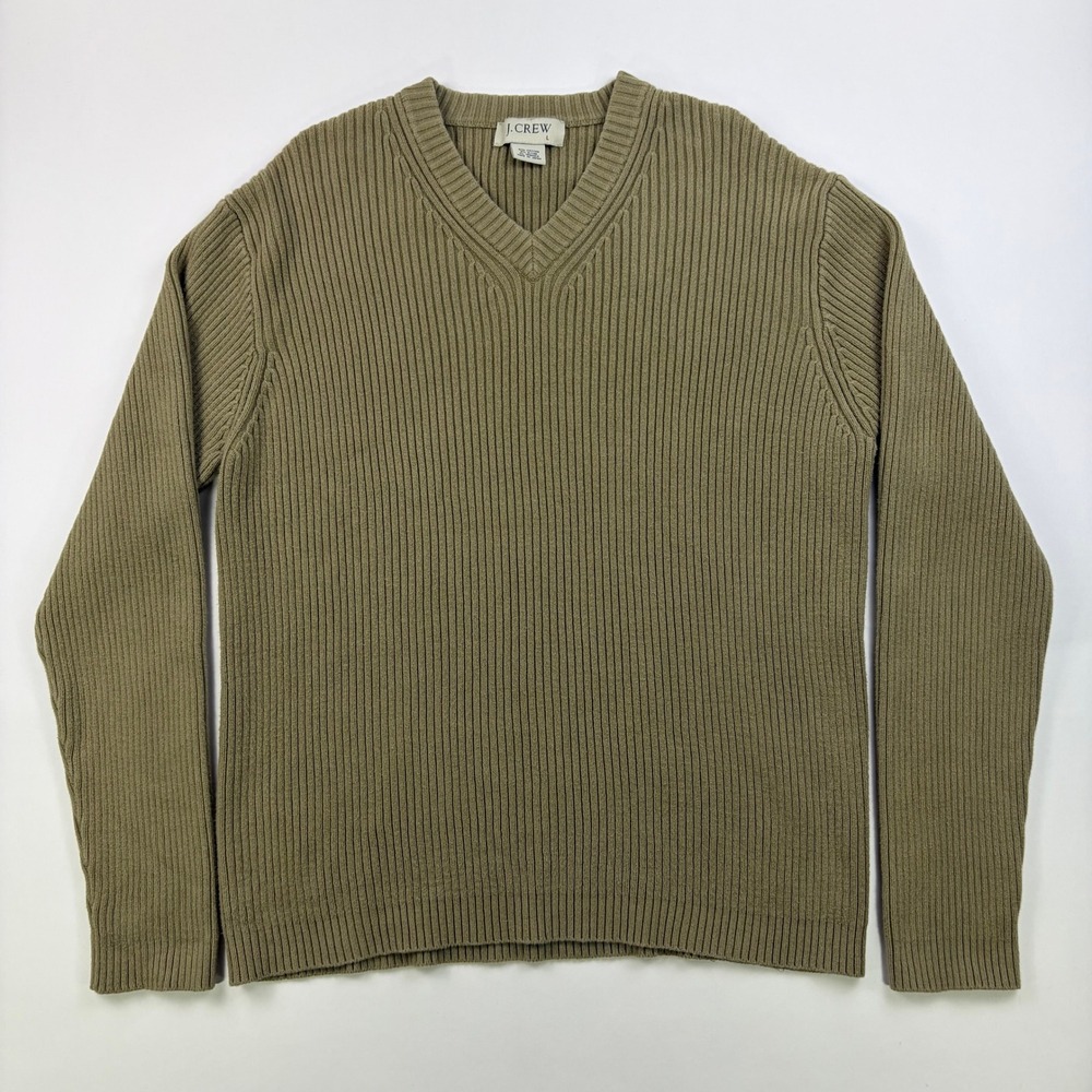 J. Crew V-Neck Ribbed Sweater Mens L Olive Green Cotton Blend Made in Japan